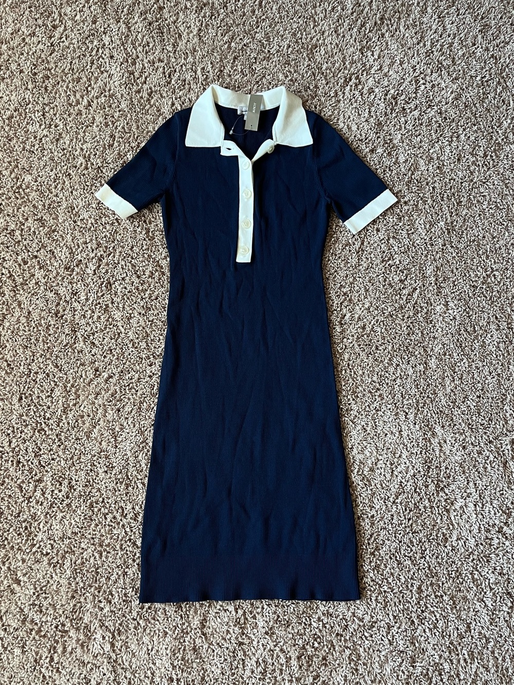 J crew Women’s Navy Knit midi Polo Dress with White Trim
